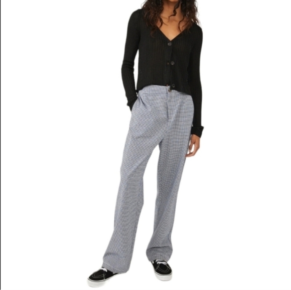 Free People Kate Plaid Straight Leg Pant Blue & White Check size Medium - Picture 1 of 16